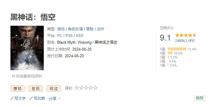 《黑神话:悟空》获得豆瓣评分9.1分插图 《黑神话:悟空》获得豆瓣评分9.1分插图